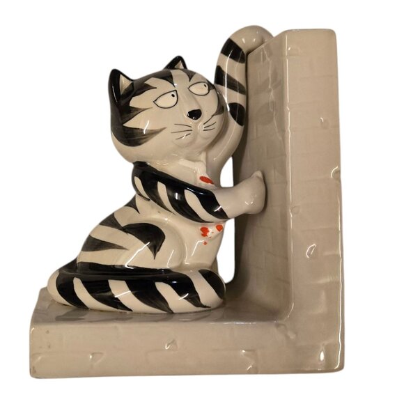 Takahashi Cat Bookend Ceramic Black White Striped Made In Japan Vintage Kitty - Picture 1 of 14